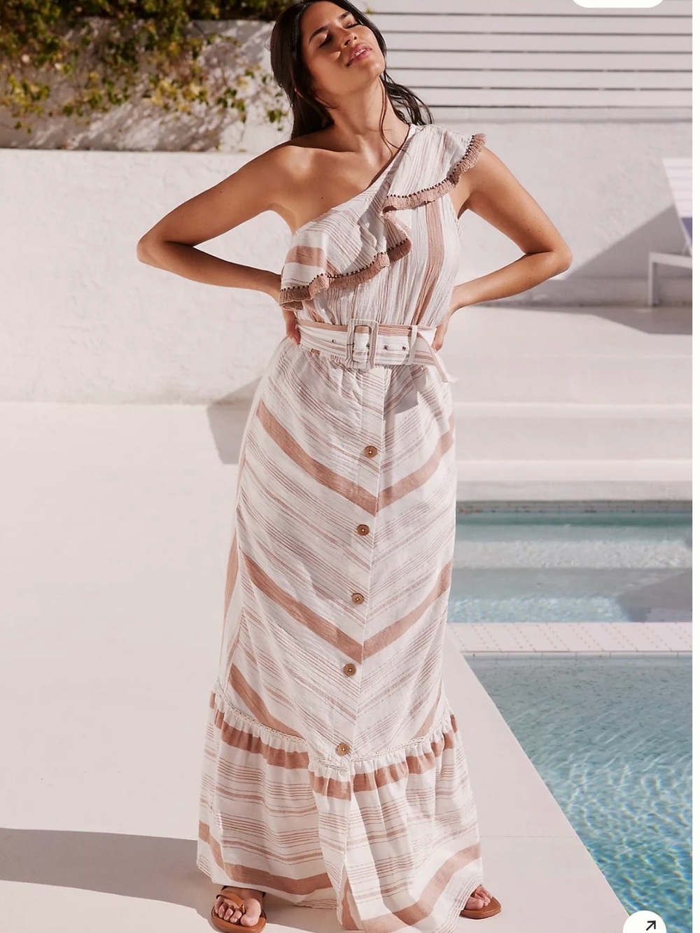 Anthropologie Red Carter One-Shoulder Striped Maxi Dress in Tan and White-Sz XS